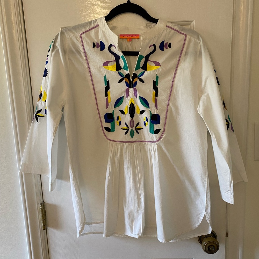 Vilagallo Women’s Blouse White Purple Beads Embroidered M Medium size 40
